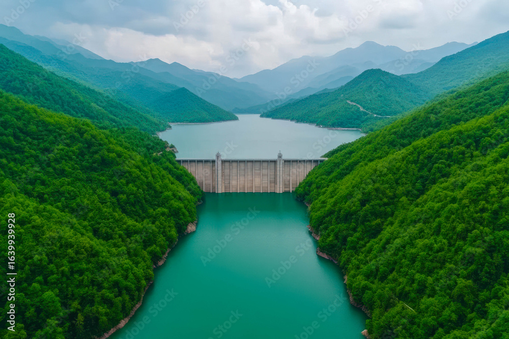 Fototapeta premium renewable energy with hydropower and integration. Hydropower microgrids ensuring power supply for isolated mountain communities, showcasing adaptable energy integration