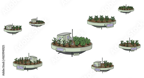 Floating gardens with futuristic greenhouse technology in minimalist design