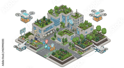 Smart cityscape with drones and green rooftops in isometric design