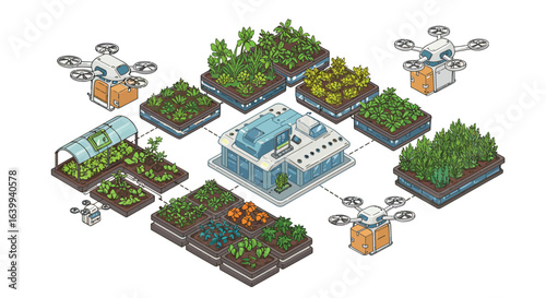Futuristic urban farming with drones and smart greenhouse technology in isometric style