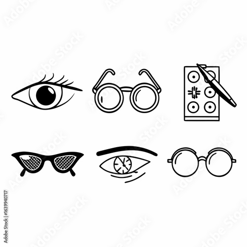 Eye examination and vision correction accessories isolated on white background for healthcare concept