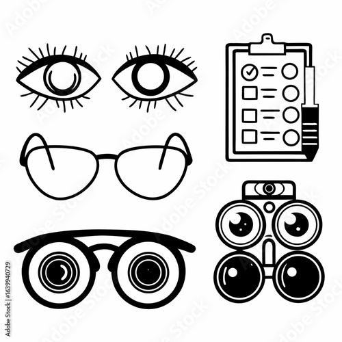 Eye examination and vision correction accessories isolated on white background for healthcare concept