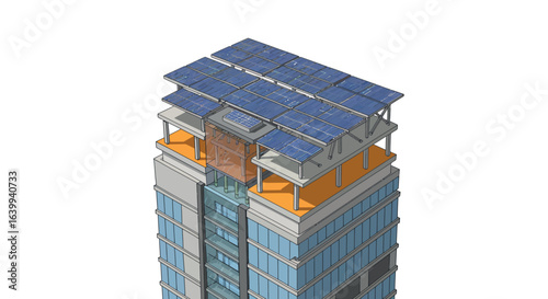 Modern building with solar panels on rooftop in isometric style
