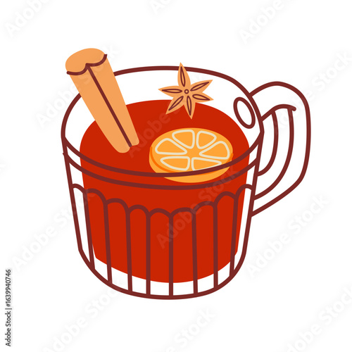 Hot mulled wine in glass mug illustration isolated on white background. Beverage with cinnamon stick, star anise, orange . Christmas celebration drink. Holiday design for menu, recipe, clipart, banner