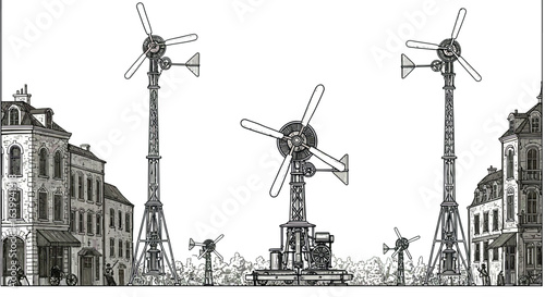 Vintage wind turbines in urban landscape