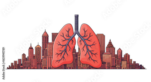 Urban lung health: anatomical lungs over cityscape highlighting pollution concerns