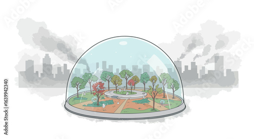 Eco urban oasis dome against city pollution in pastel colors