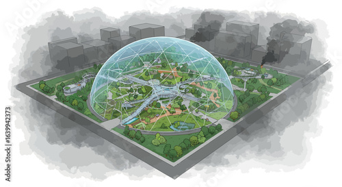 Futuristic eco dome park with sustainable architecture and green spaces