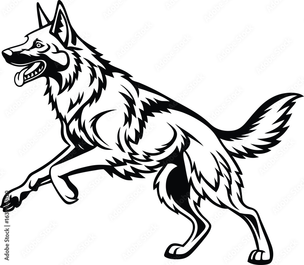 Obraz premium Dynamic German Shepherd Mid-Run, A Powerful And Graceful Canine In Full Motion, Capturing The Essence Of Speed, Agility, And Freedom Against A Vibrant Outdoor Backdrop.
