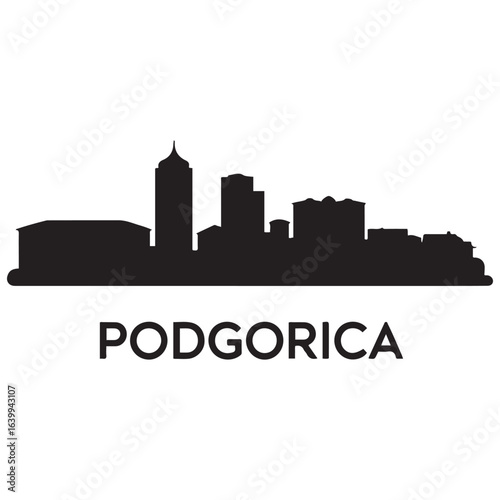 Podgorica skyline silhouette. Landscape Podgorica, Montenegro. Vector illustration. Vector black silhouette. with white background.