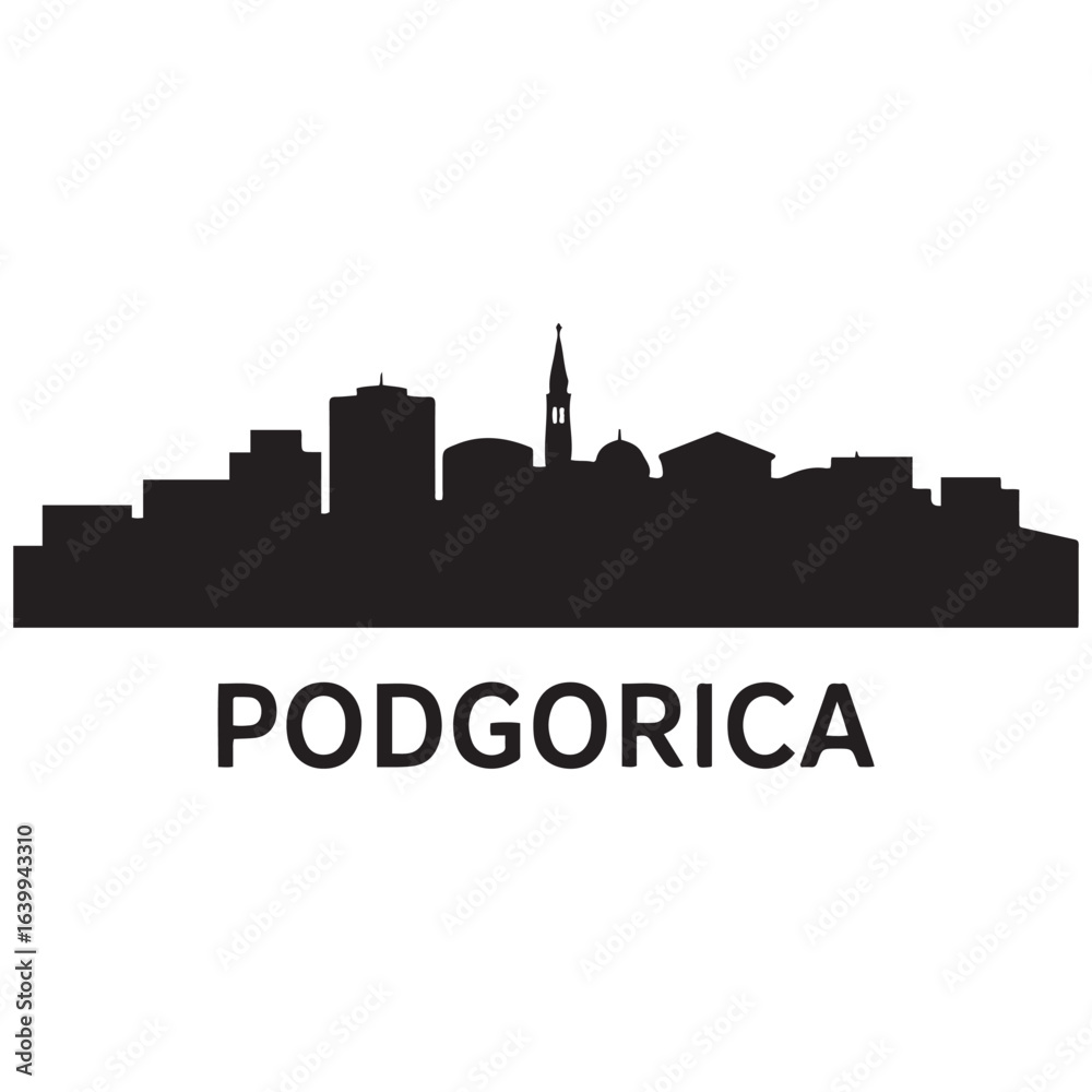 Fototapeta premium Podgorica skyline silhouette. Landscape Podgorica, Montenegro. Vector illustration. Vector black silhouette. with white background.