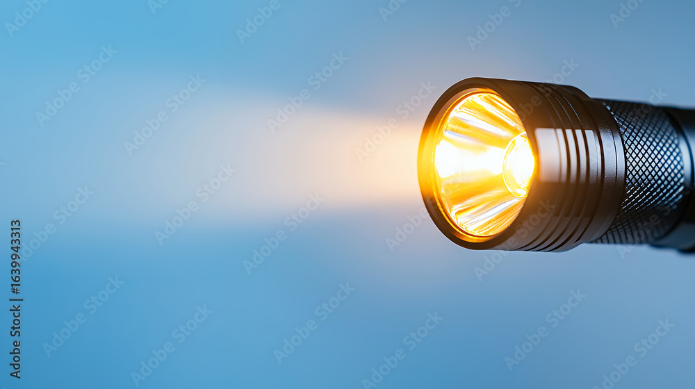 Bright flashlight beam illuminating blue background, showcasing its powerful light and sleek design, perfect for outdoor adventures Bright flashlight beam illuminating blue background, showcasing its powerful light and sleek design, perfect for outdoor adventures