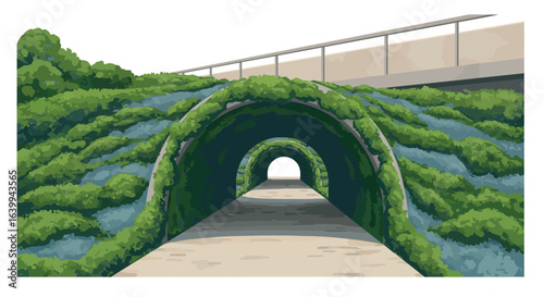 Garden tunnel with vivid greenery and pathway under a modern bridge