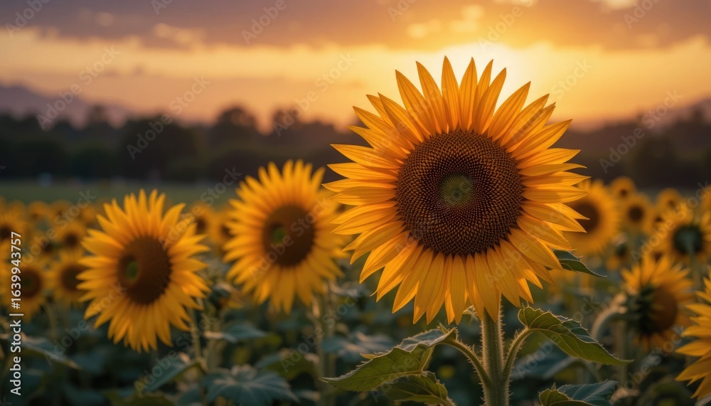 Fototapeta premium Sunflowers sparkle at sunset.