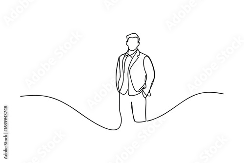 Minimalist single line drawing a man in a suit with hands in pockets male person