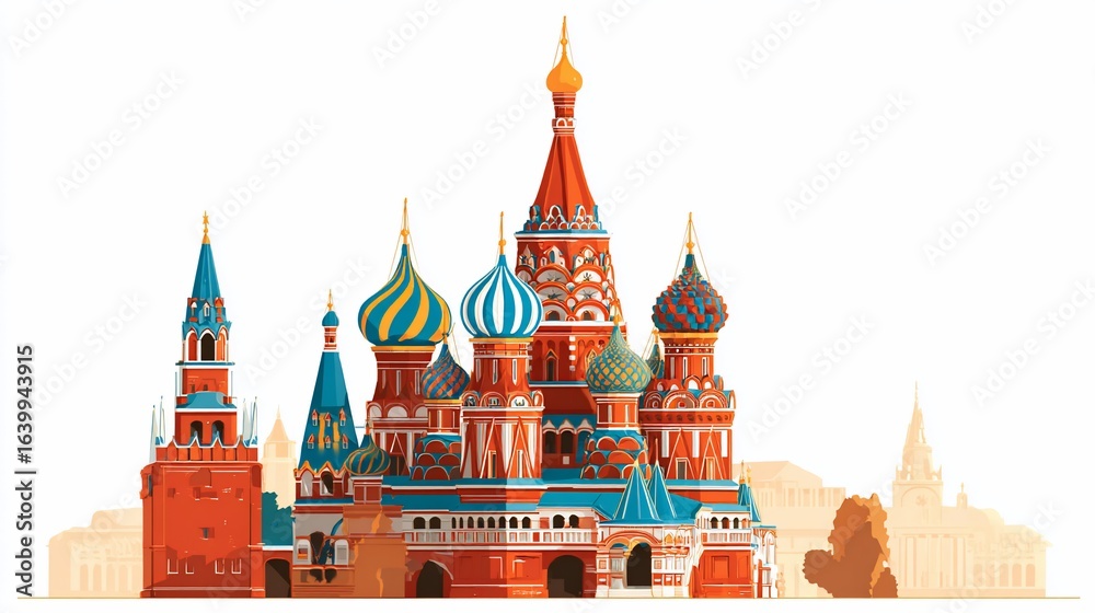 Fototapeta premium Illustration depicts colorful stylized architecture of the cathedral in Red Square.