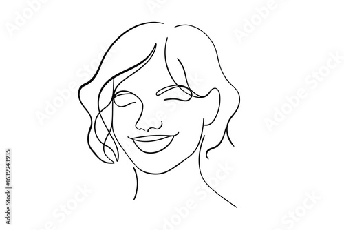Minimalist continuous line drawing a smiling woman with wavy hair face smile