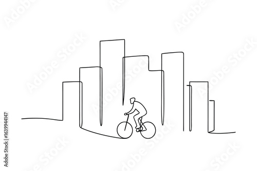 Minimalist continuous line drawing cyclist in city skyline bicycle urban