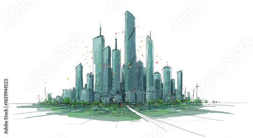 Urban skyline sketch of modern city architecture with green spaces