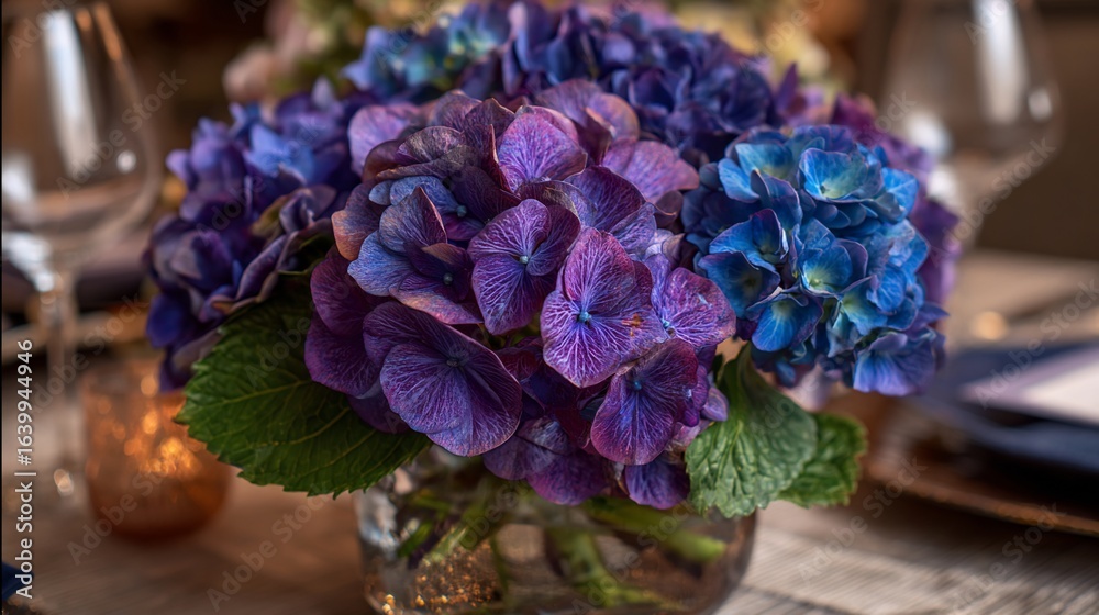 Obraz premium Hydrangeas Bloom Vibrantly Inside Glass Vase on Dining Table