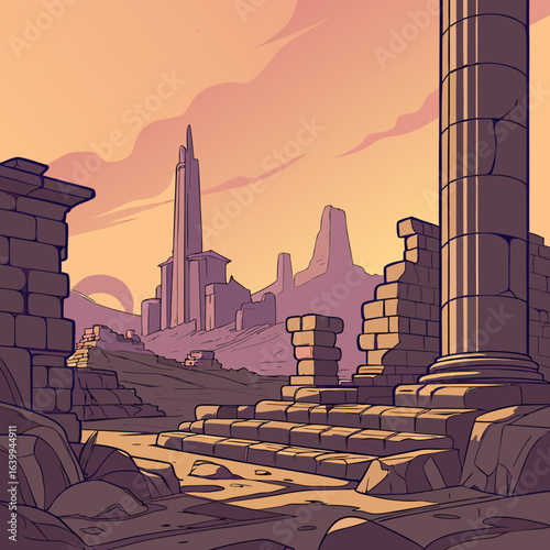 Ancient Ruins at Sunset: A picturesque view of crumbling stone ruins is bathed in the warm hues of a sunset, with a sense of history, time and mystery. 