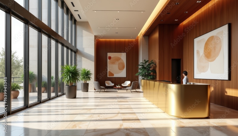 Fototapeta premium Modern Hotel Lobby with Glass Facade and Warm Accents