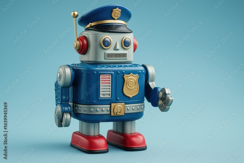 Fototapeta premium Vintage toy robot in classic police uniform stands against a light blue backdrop
