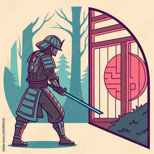 Warrior's Gaze: A stylized illustration of a Samurai warrior, in full traditional armor, standing resolute with a glowing sword, framed against a serene backdrop of a Japanese garden.