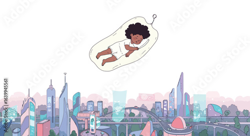 Futuristic dreamscape: child floating in the sky over a sci-fi city
