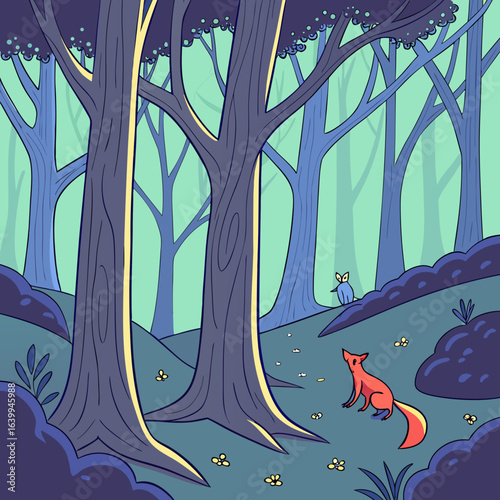Mysterious Forest: A captivating scene in an enchanted forest, featuring towering trees casting long shadows. a cartoon-like fox, with its fiery fur, stands alert, gazing at a mysterious creature