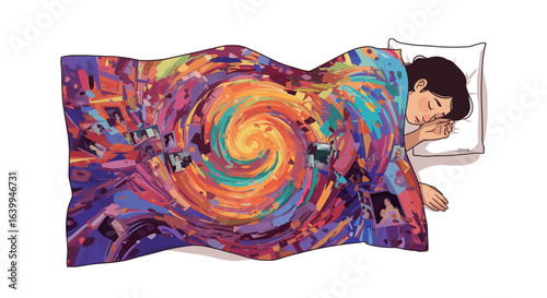 Woman sleeping under vivid swirl pattern blanket with memories