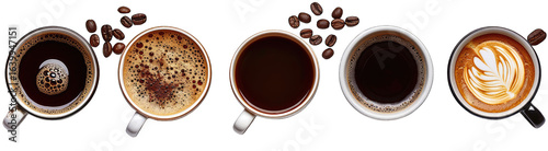 Variety of coffee drinks in white cups