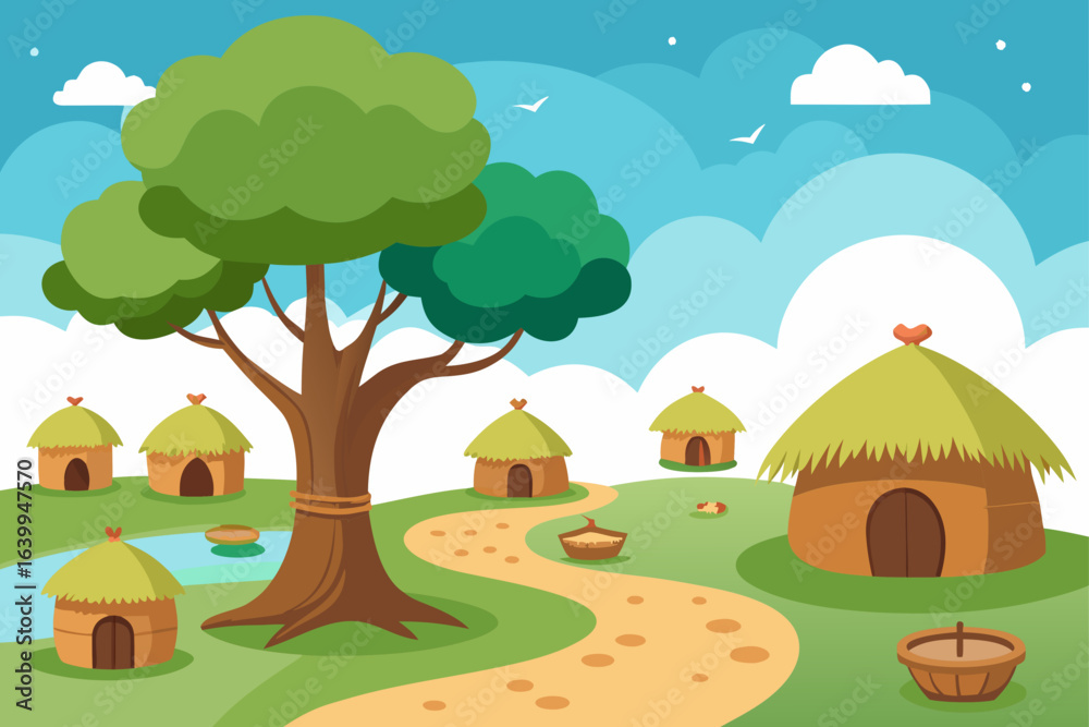 Fototapeta premium A cartoon vector illustration of a peaceful rural landscape with a farmhouse, green hills, and a road leading toward distant mountains under a bright summer sky