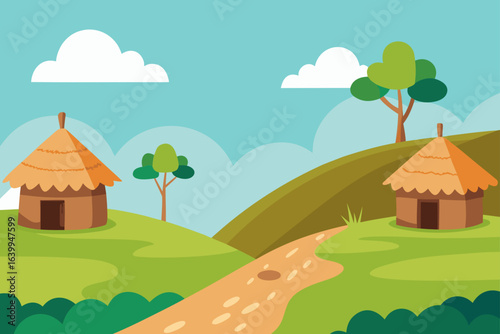 Vector illustration of a rural village landscape with houses, trees, and a sky
