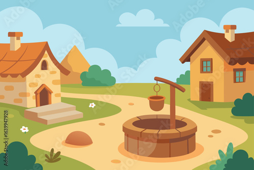 A cartoon vector illustration of a cozy rural cottage or house in a summer forest landscape with trees, grass, and a bright sky