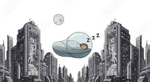 Futuristic urban scene with floating sleeping pod in cyberpunk cityscape