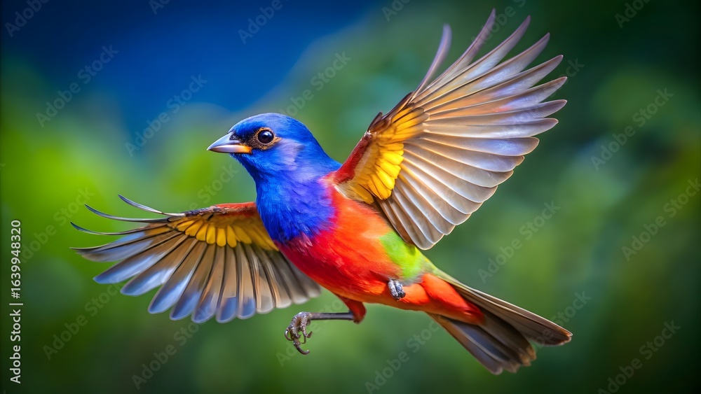 Fototapeta premium Colorful Painted Bunting in Flight — Vibrant Songbird Spread Wings