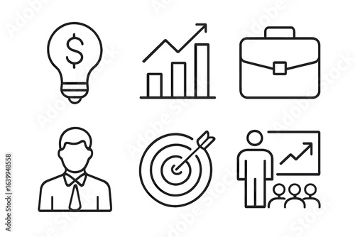 Business icons with growth, strategy, and professionalism in monochrome business visualization icons