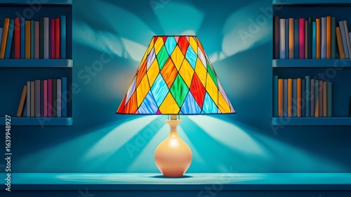 Beautiful stained glass lamp illuminating a cozy room with shelves filled with colorful books.