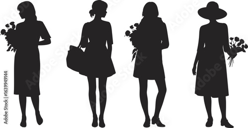 Female silhouettes, floral bouquets, fashion styles, dresses and accessories, elegant pose, wide-brim hat, flower holding, vector illustration, graceful women, seasonal theme, beauty, femininity.