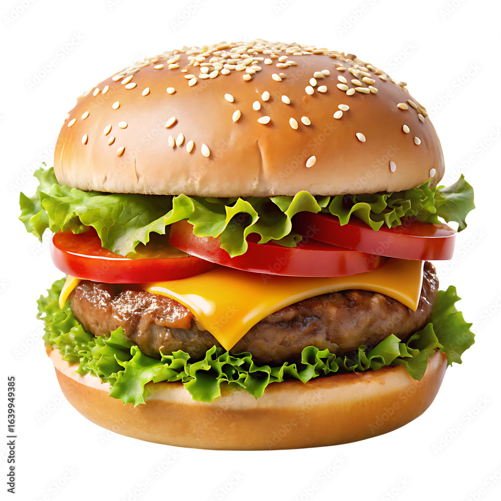 Delicious Cheeseburger with Lettuce Tomato and Cheese on Sesame Seed Bun on transparent background Delicious Cheeseburger with Lettuce Tomato and Cheese on Sesame Seed Bun on transparent background