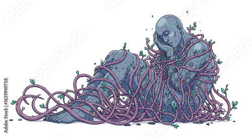 Ai cyborg entangled in nature's vines: detailed futuristic art