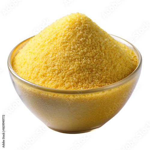 Bowl of yellow cornmeal or polenta on a black background on transparent background