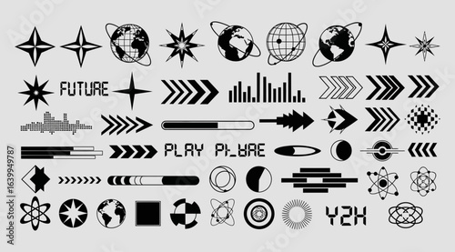 Futuristic abstract graphic design elements and icons set, featuring technology, science, and digital concepts with a modern, retro y2k aesthetic