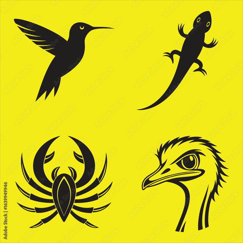 Fototapeta premium Wildlife Silhouette Collection of Animals Birds and Reptiles Including Hummingbird Lizard Ostrich and Crab with Yellow Background