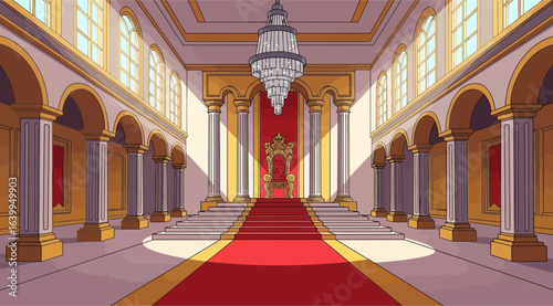 Grand palace hall with a red carpet leading to a throne, featuring ornate columns, arches, and a chandelier