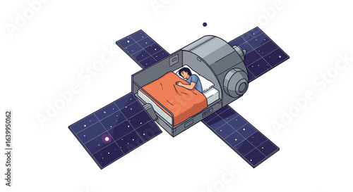 Surreal space travel concept with sleeping man in satellite on white background