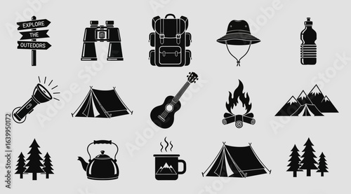 Collection of camping and outdoor adventure icons including a tent, backpack, sleeping bag, campfire, guitar, binoculars, flashlight, kettle, and mountains