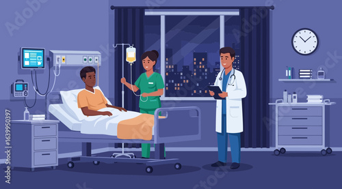 Doctor and nurse attending to a patient in a hospital room at night, with a city skyline visible through the window, representing medical care and recovery