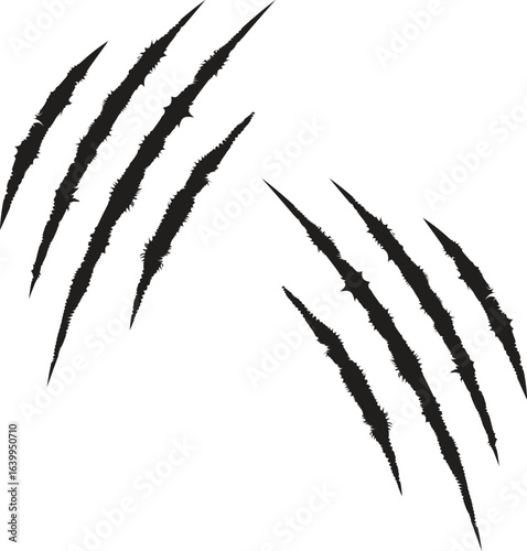 Two sets of black claw scratch marks vector design, perfect for animal attack illustration, wild predator graphics, beast tear effects, and aggressive ripped surface artwork.